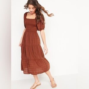 Old Navy Burnt Orange Fit & Flare Ruffled Donny Midi Dress Shirred Bodice L